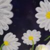 A painting of white daisies in the dark.